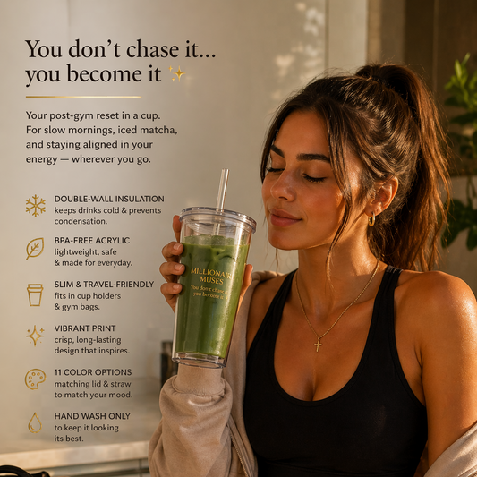 Sunsplash 16oz Clear Tumbler with Straw — “Millionaire Muse” Gold Script