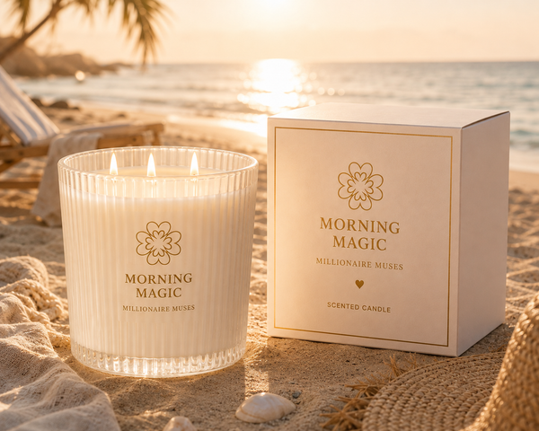 Morning Magic candle and presentation box at a sunlit beach