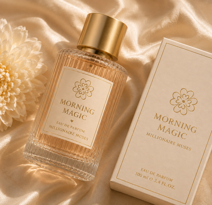 Morning Magic Eau de Parfum bottle and box on champagne silk